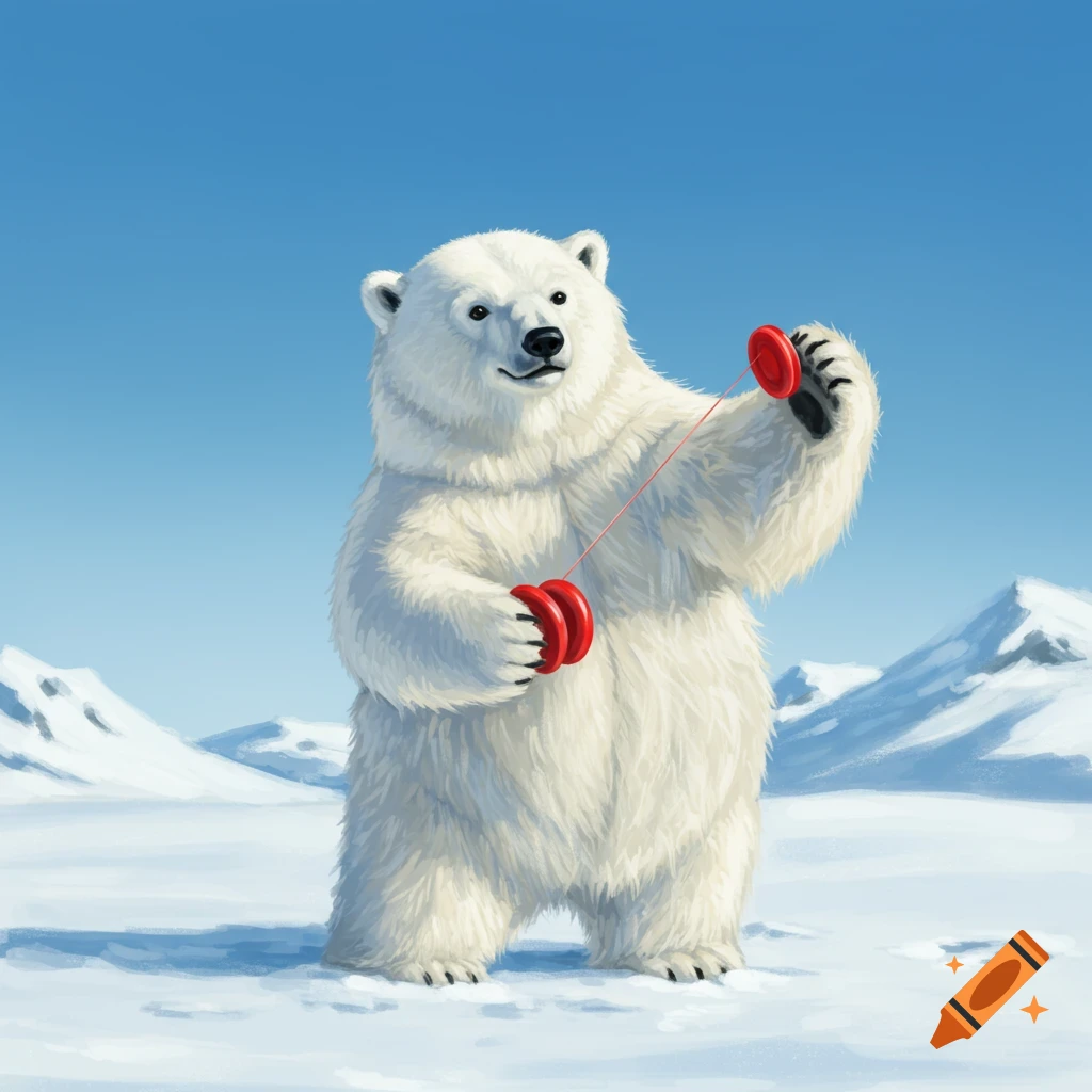 A polar bear playing with a yo-yo in a snowy landscape.