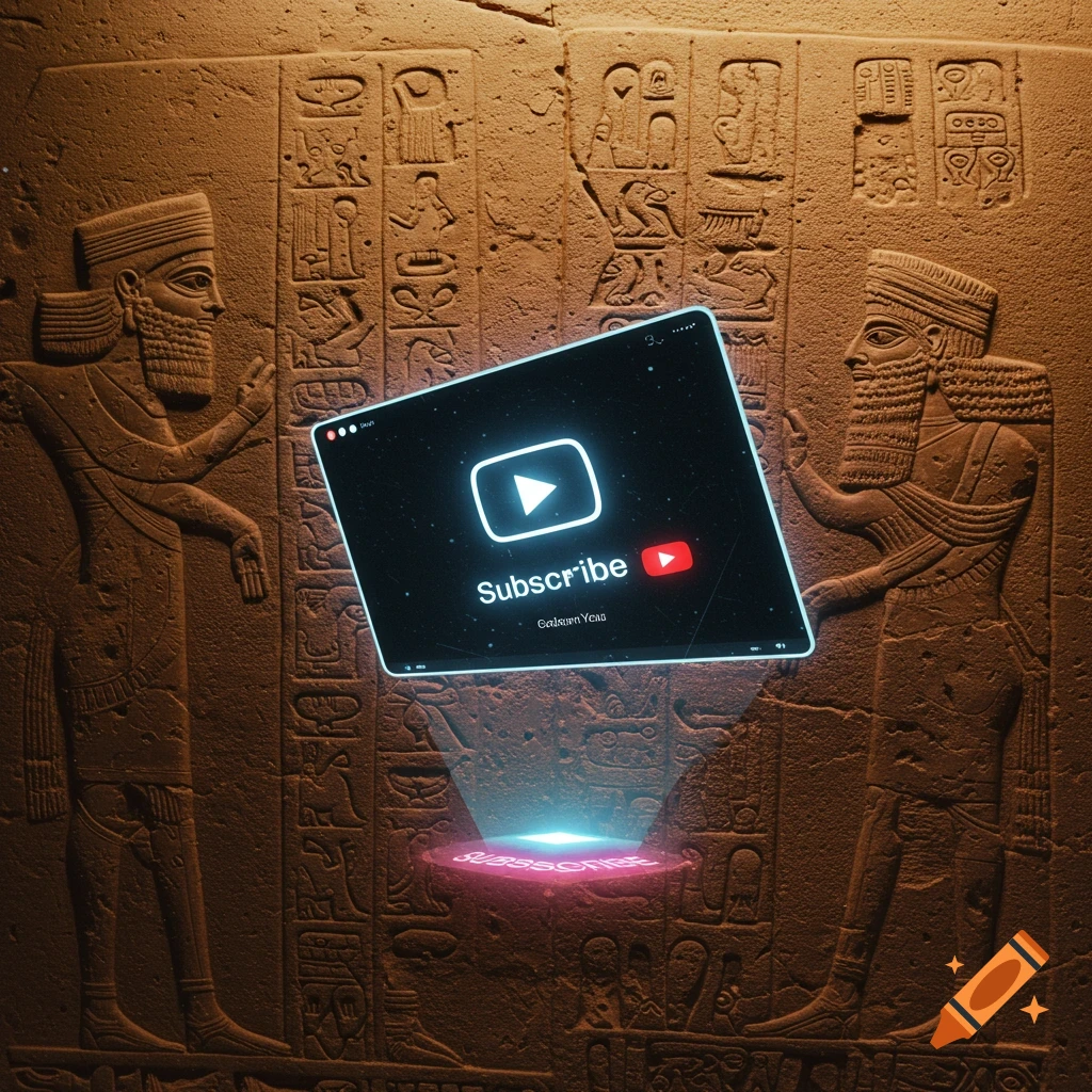 Digital art showing ancient carvings with a floating holographic screen displaying a YouTube subscribe button and text.