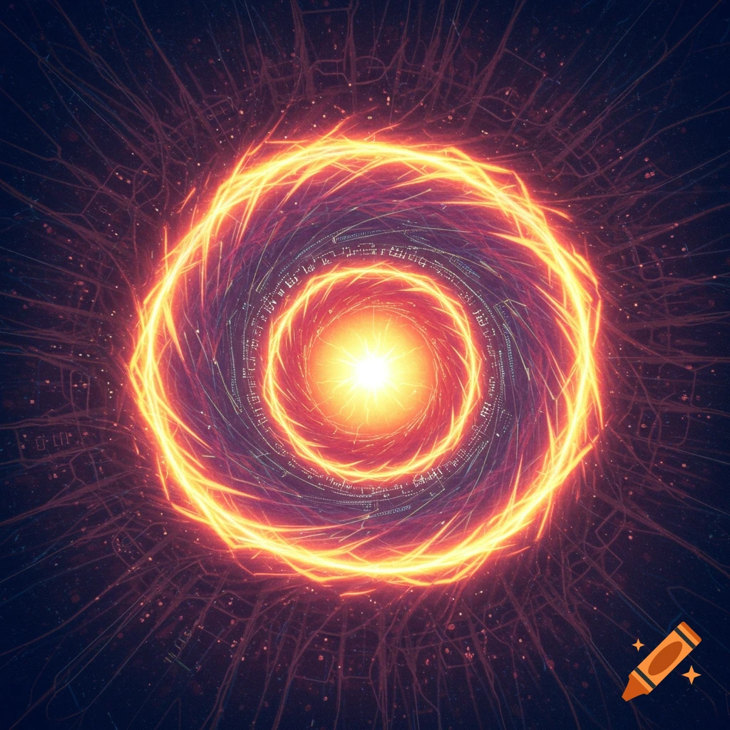 Vibrant swirling energy vortex or portal with glowing orange and purple lines in a digital art style.