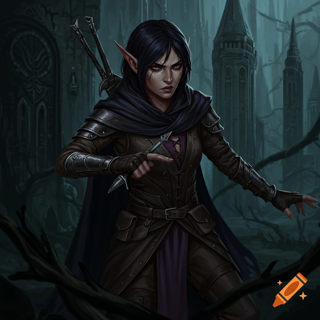 A dark-haired elf rogue in leather armor holding a dagger in a shadowy castle ruin.