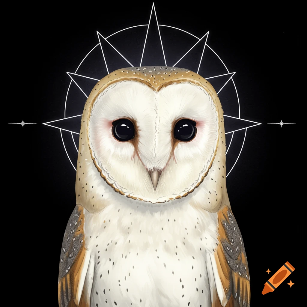 A barn owl with wide black eyes and an eight-pointed star halo behind its head