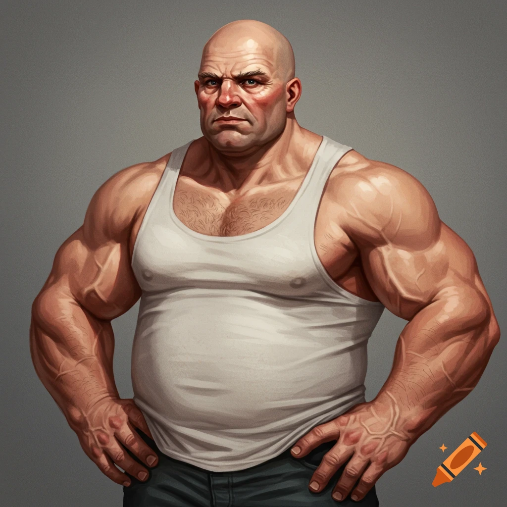A burly man in a white tank top, with a bald head.
