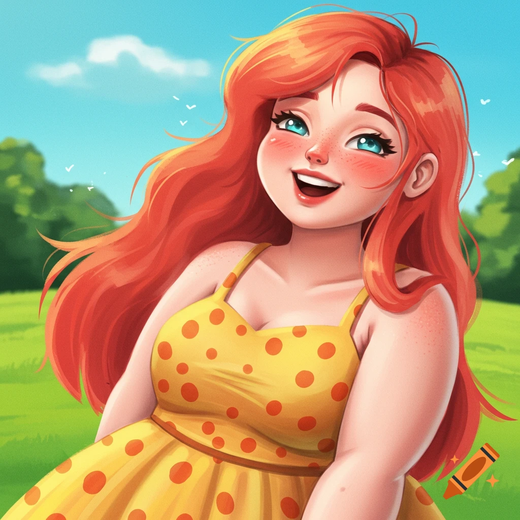 A cheerful young woman with red hair and freckles wears a yellow polka dot dress while in a park.