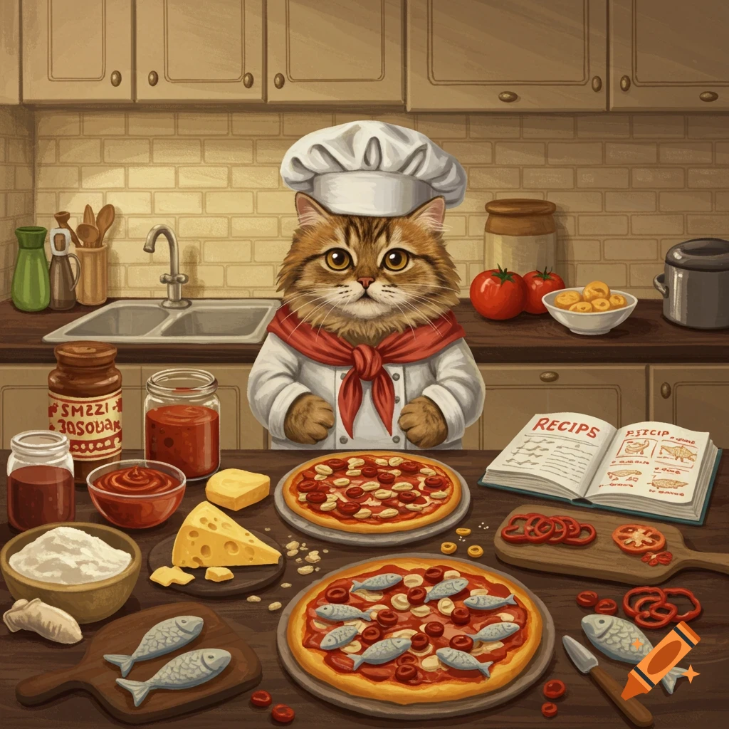 A fluffy orange tabby cat in a chef hat makes pizza in a kitchen.