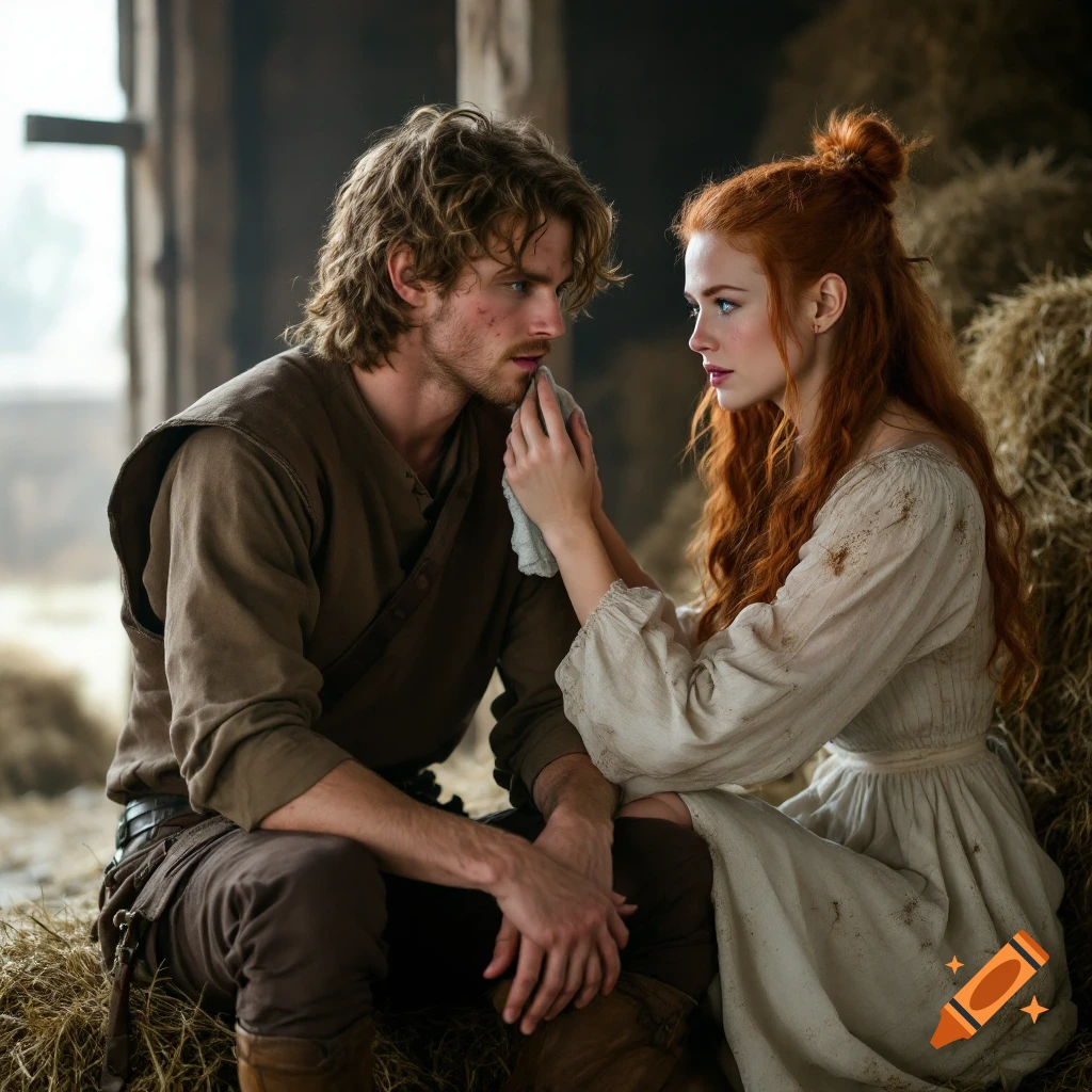 A man and woman in fantasy or historical attire sit in a barn, the woman tending to the man's face with a cloth. Photorealistic style.