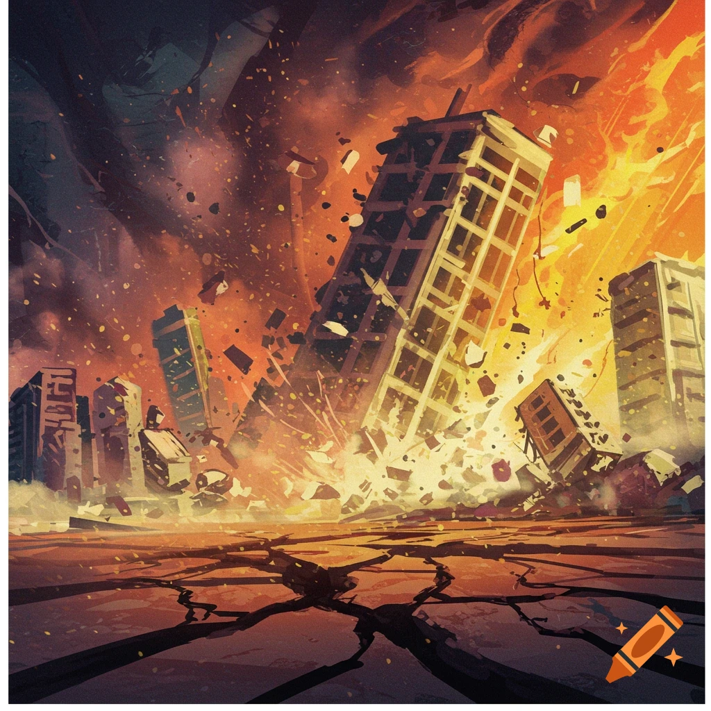 Buildings collapsing during an earthquake
