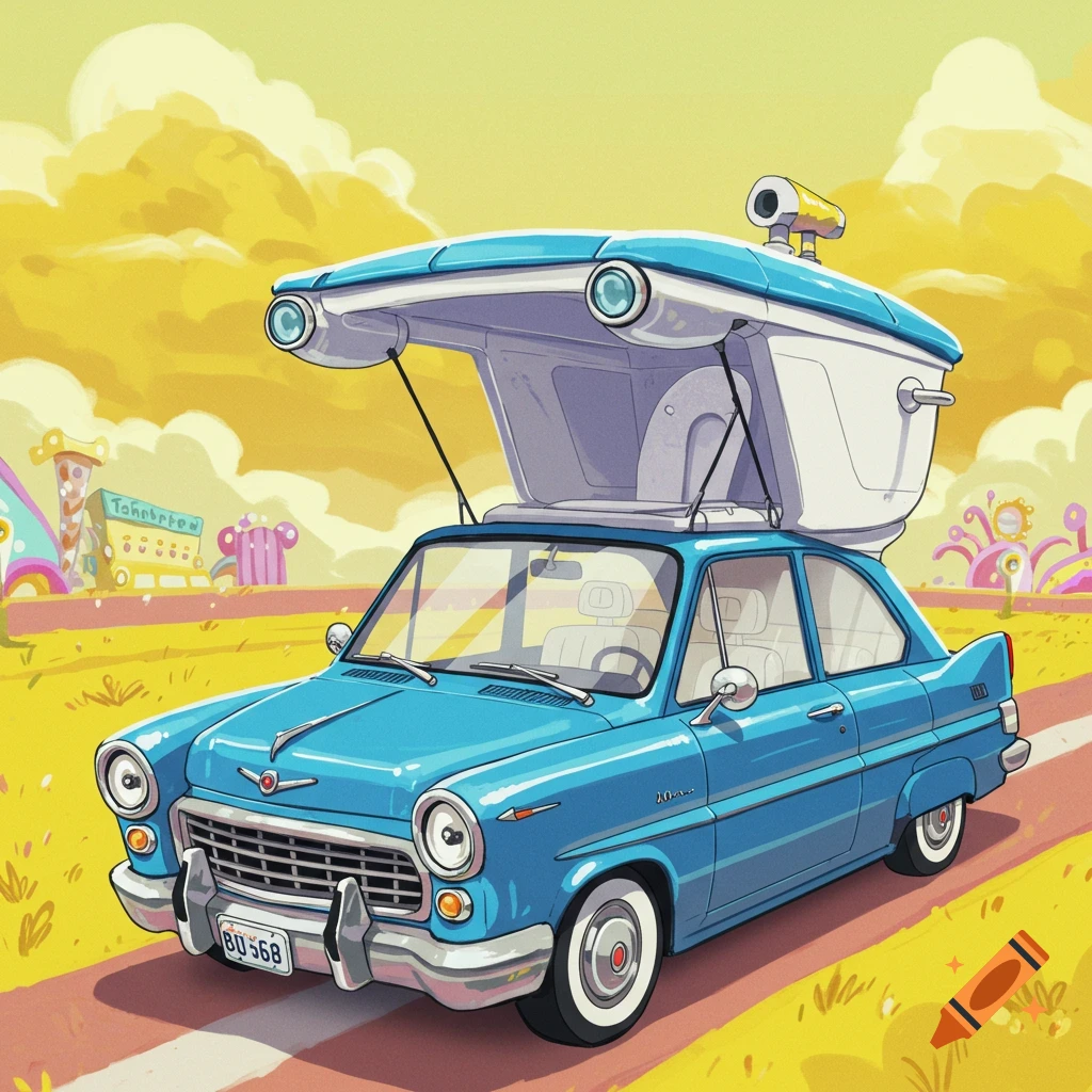 A blue vintage car with a toilet on its roof drives on a road through a surreal landscape.