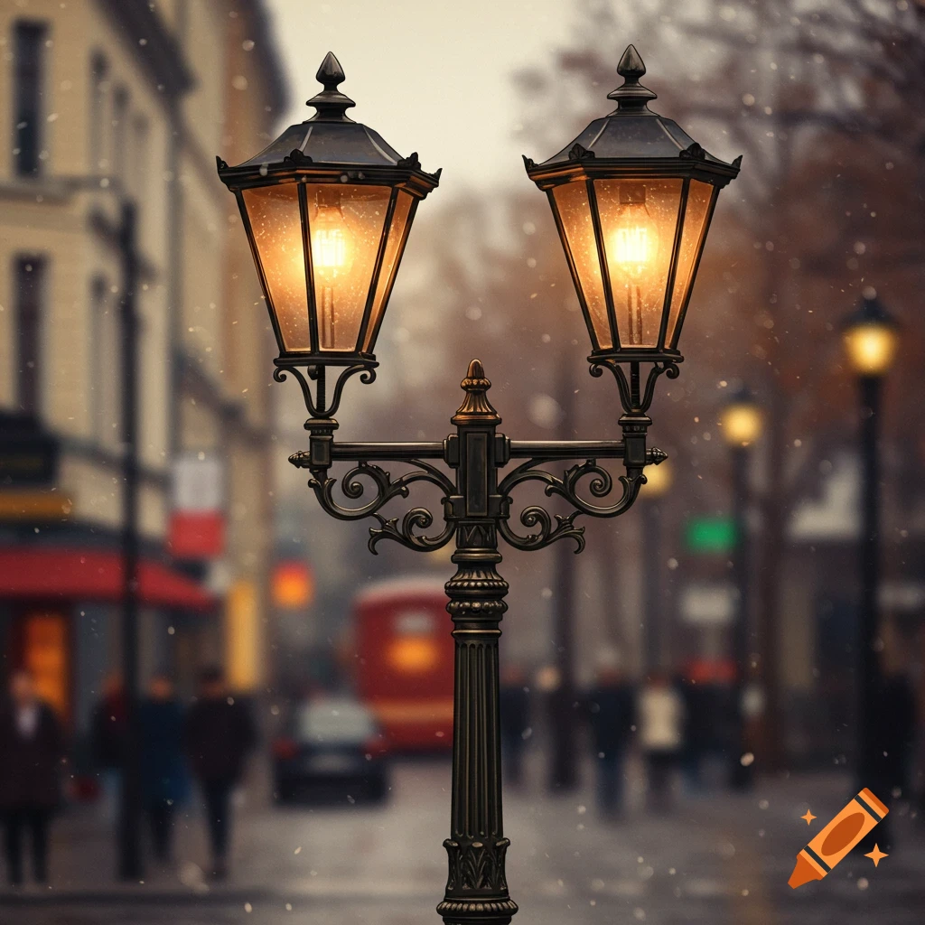 An ornate lamppost on a blurry urban street scene with people and buildings.