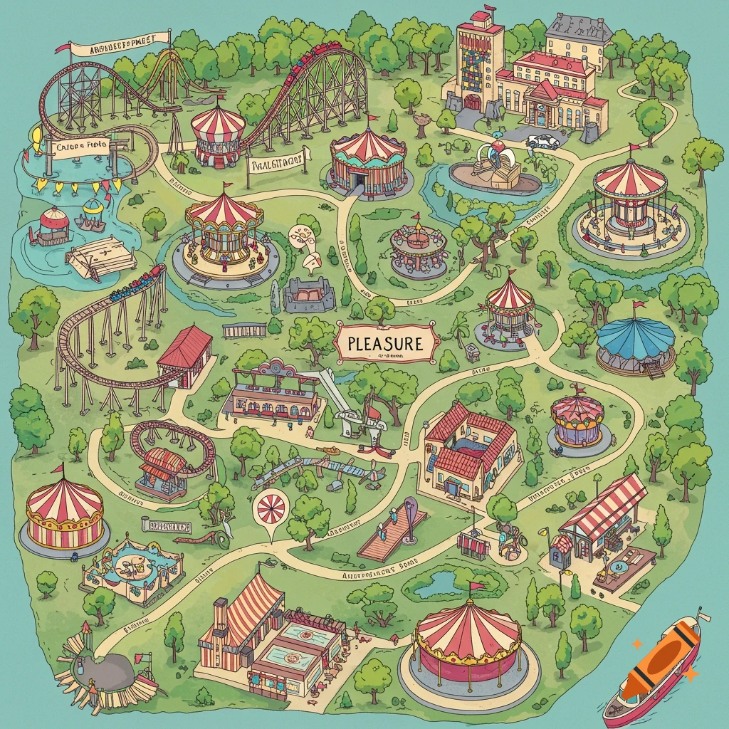 An illustrated map of an amusement park with paths leading to attractions like rollercoasters, carousels, gardens, and restaurants.