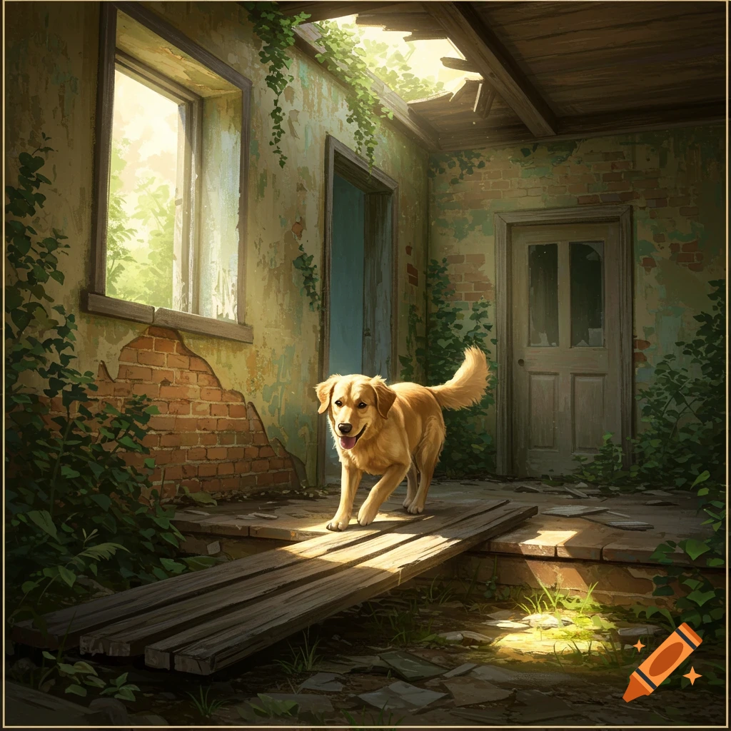 A golden retriever walks on a plank inside a sunlit, abandoned building.