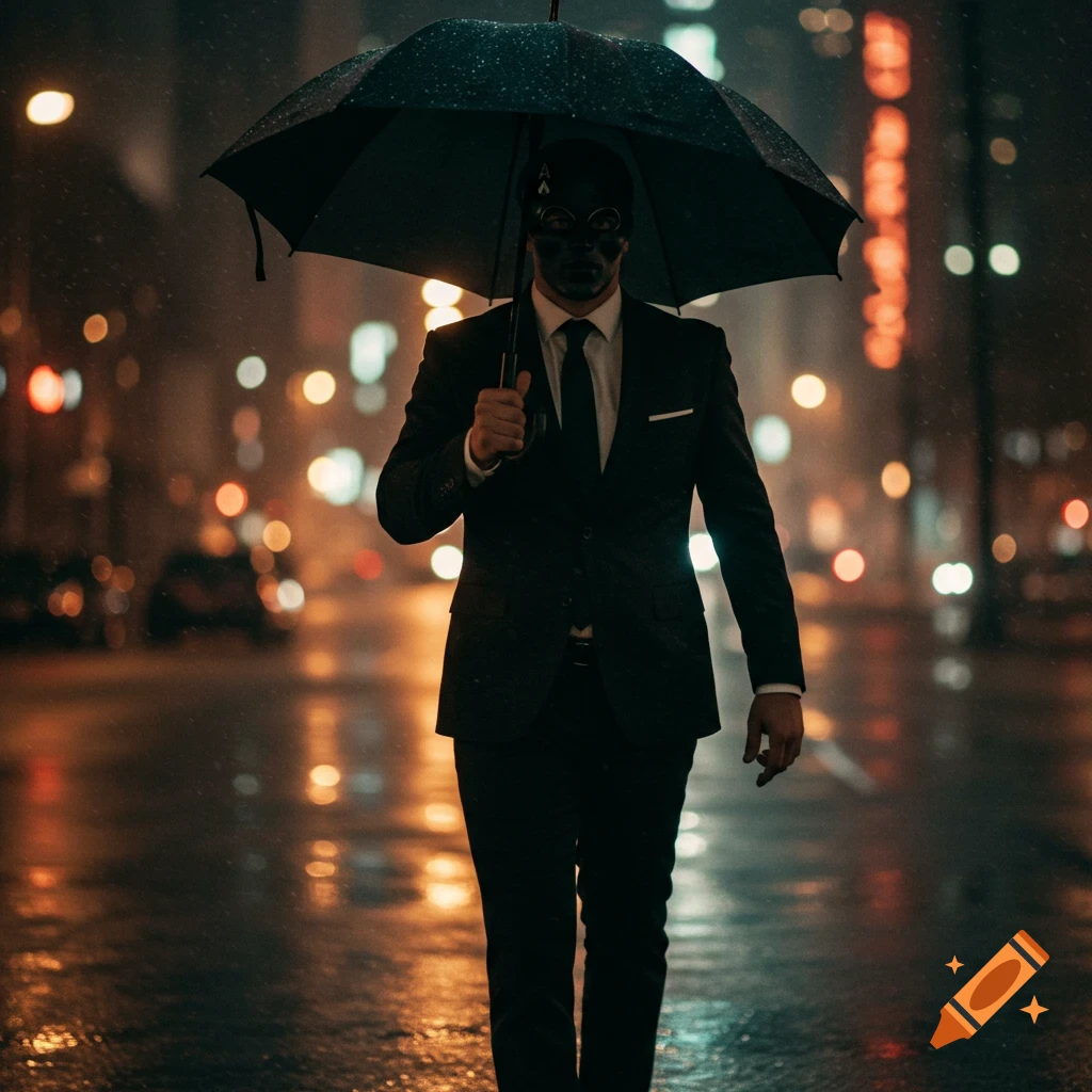 A man in a suit and mask walks with an umbrella in the rain at night.