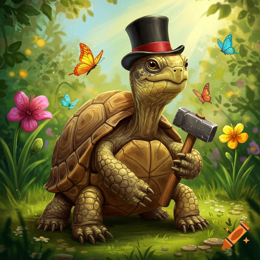 A turtle wearing a top hat and holding a hammer in a garden with flowers and butterflies.