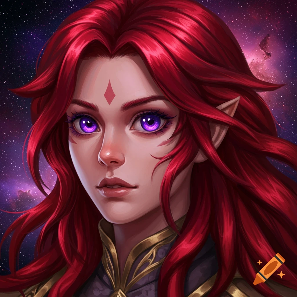 A red-haired character with purple eyes and pointy ears stands against a starry background.
