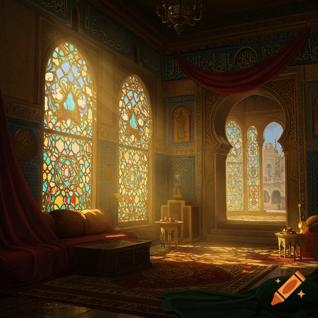Ornate fantasy middle eastern palace interior with large stained glass windows, sunlight beams, and rich decorations.