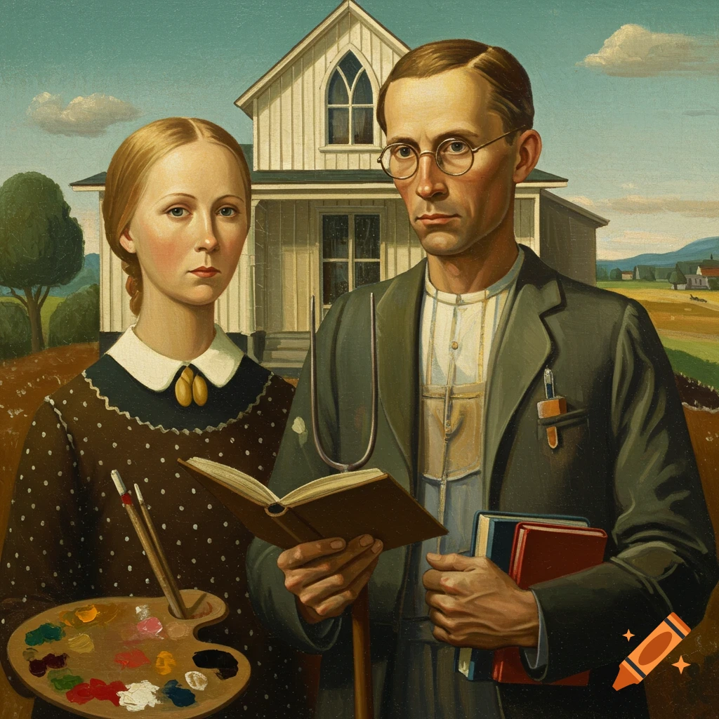 A painting in the style of American Gothic showing a man holding books and a woman holding an artist's palette, standing in front of a house.