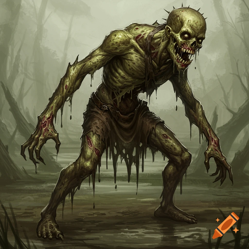 Grotesque zombie standing in a murky swamp.