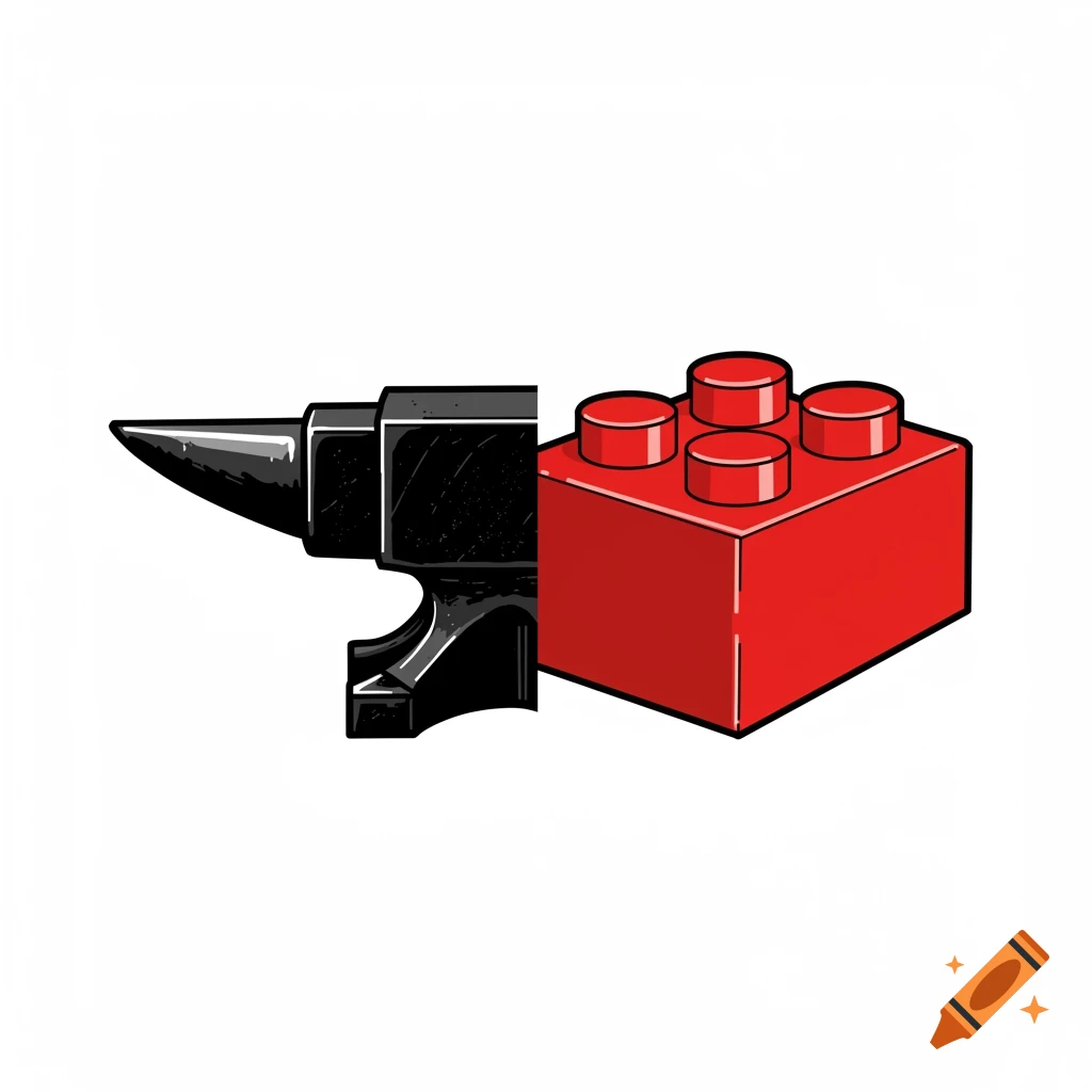Logo design showing half a black anvil and half a red Lego brick