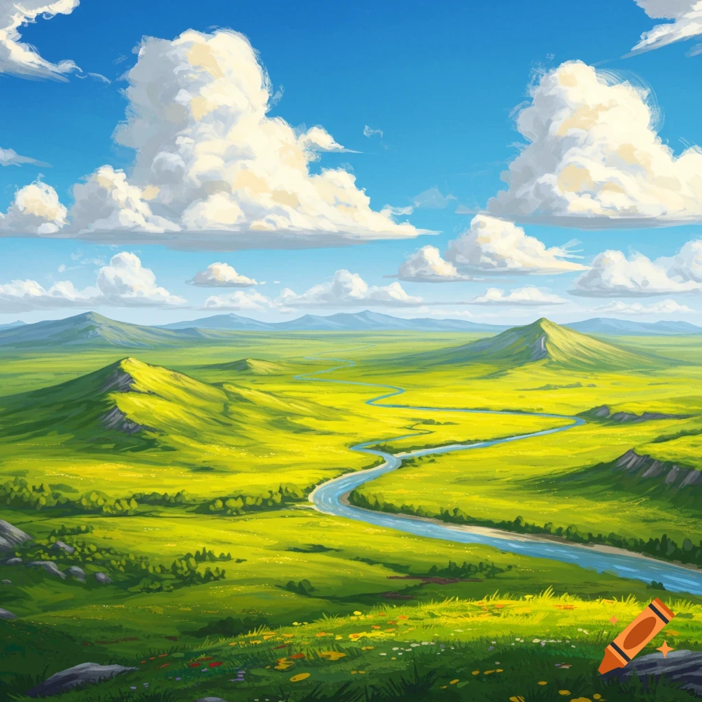 A lush green valley with a winding river, hills, mountains, and cloudy blue sky.