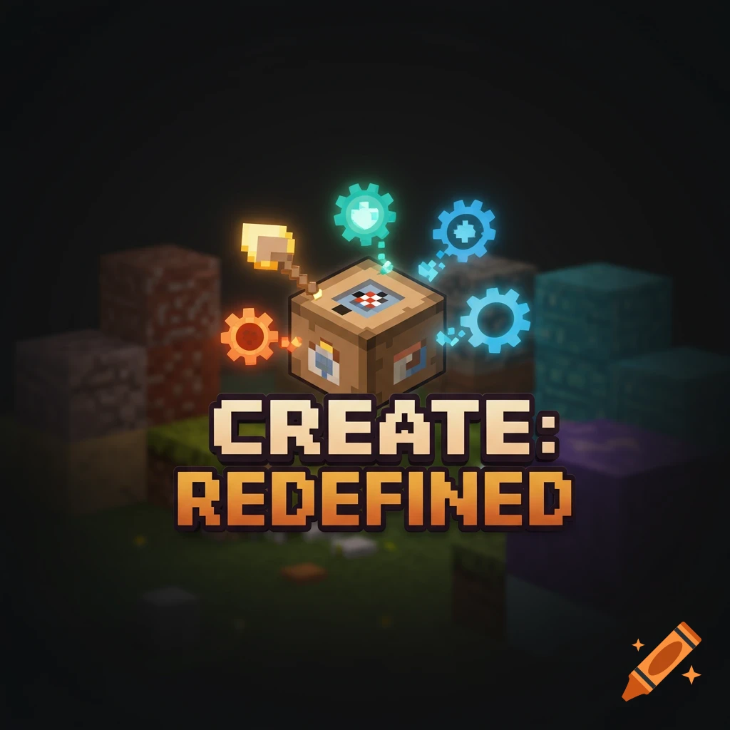 Minecraft style logo for 'Create: Redefined' with gears and blocks.