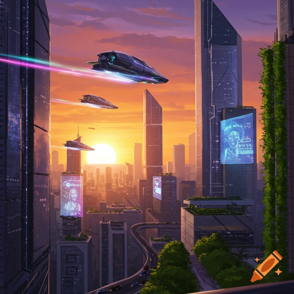 A futuristic cityscape at sunset with flying vehicles and tall buildings displaying digital screens.