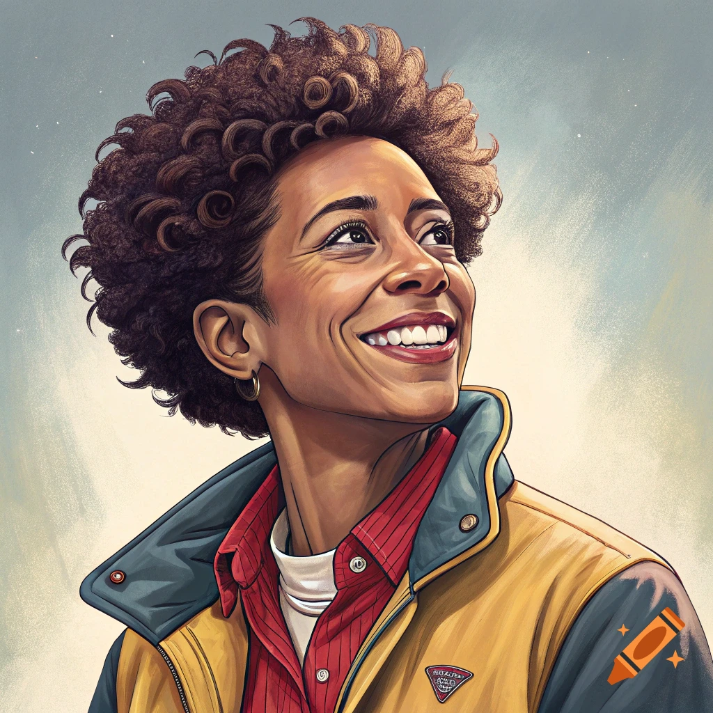 Illustration of a smiling woman with curly hair looking up, wearing a yellow and red jacket.