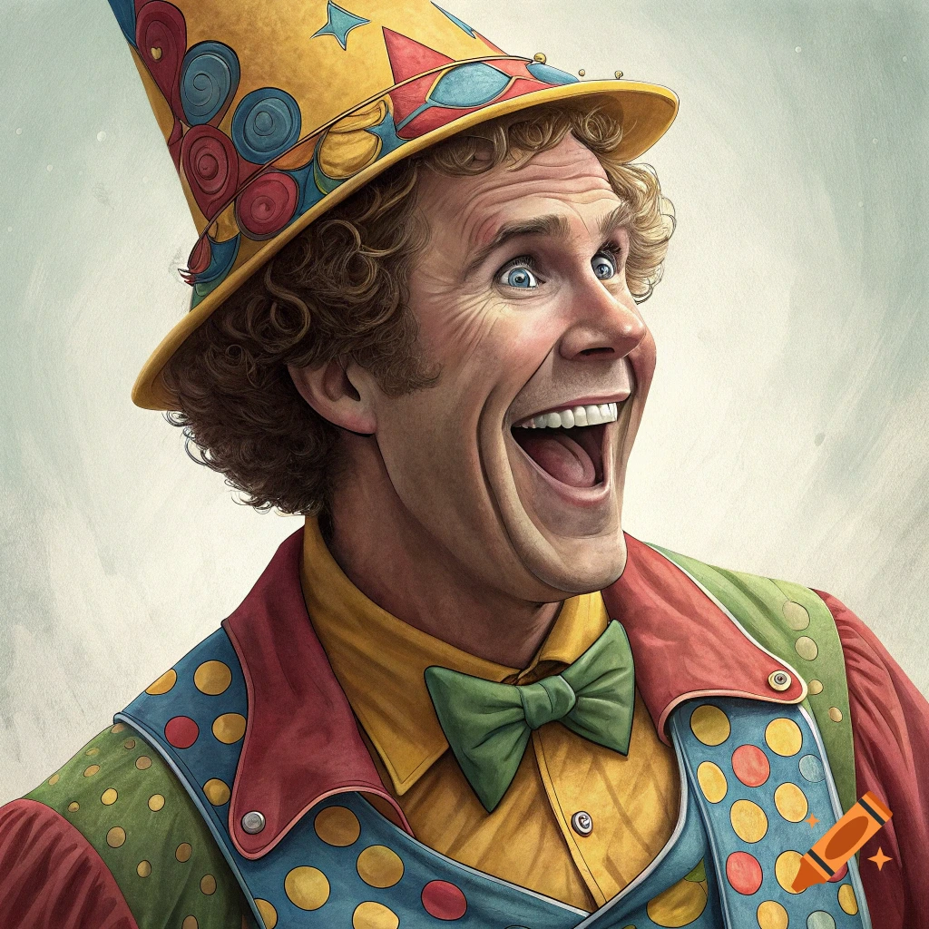 Caricature of Will Ferrell as a smiling clown in a colorful costume and hat