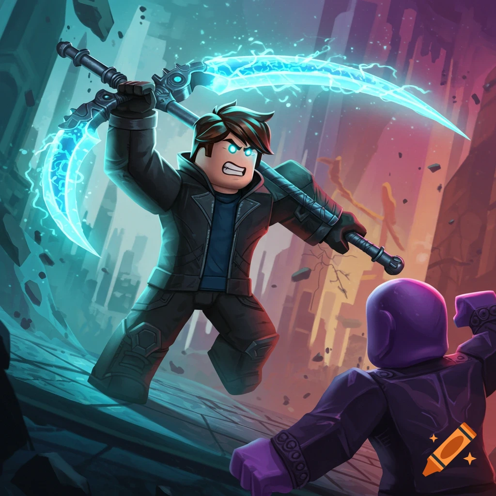 Blocky game avatar with glowing scythe fights another character in ruined city.