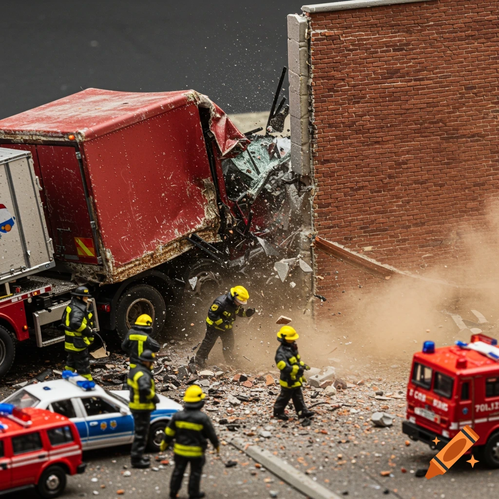 A detailed diorama shows a red truck crashed into a brick wall, with police and firefighters on the scene.