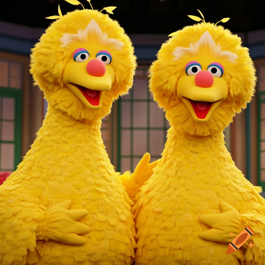 Two Big Bird mascots stand side by side on a studio set.