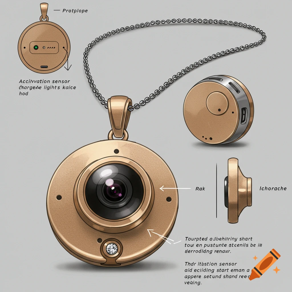 Illustration of a gold prototype pendant camera with a chain, showing front view, side view, and details with labels.