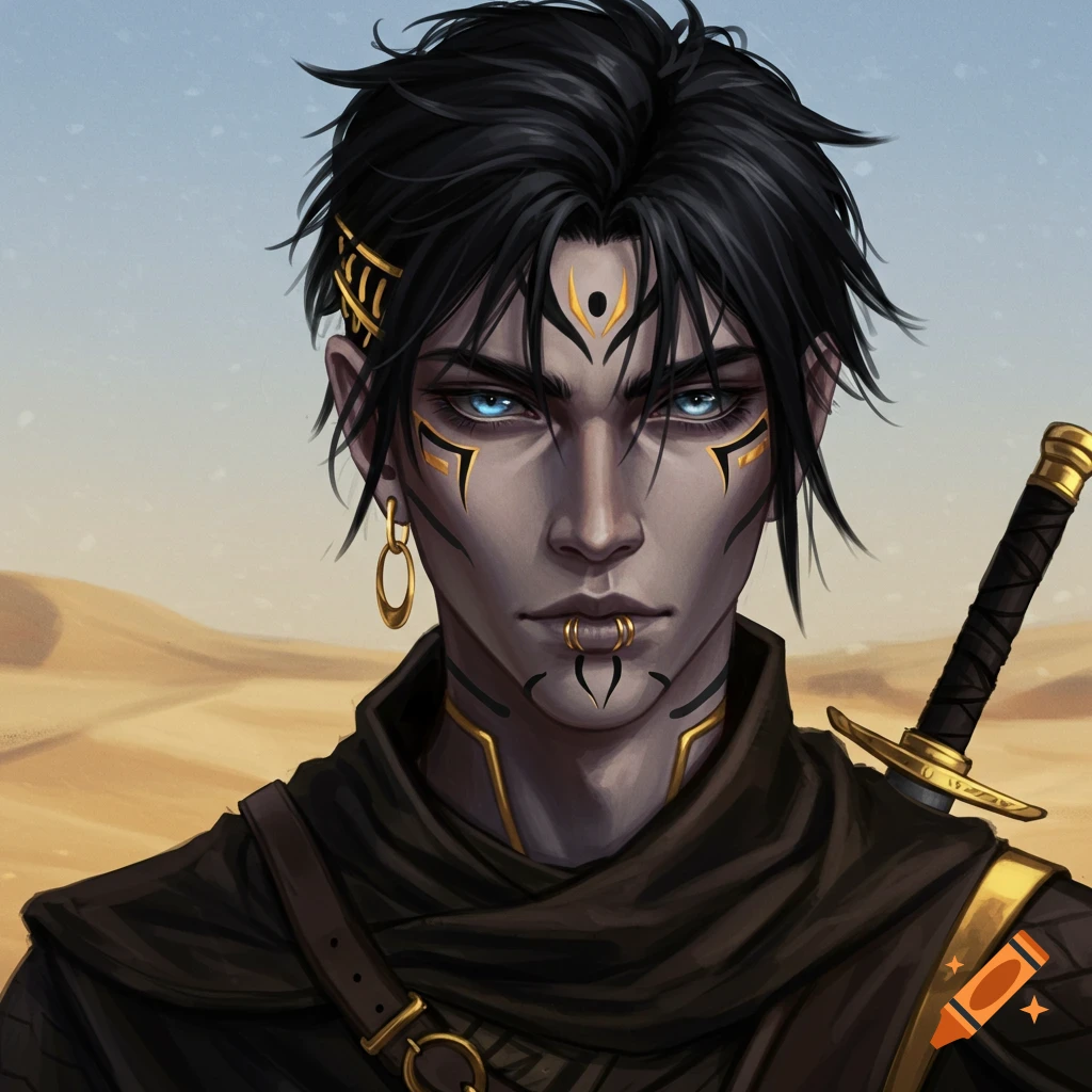 An androgynous person with black hair, blue eyes, and golden markings in a desert.