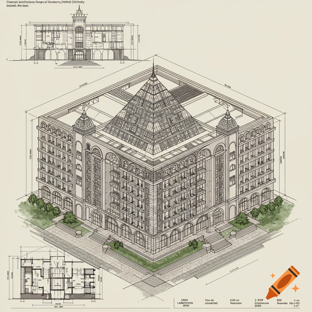 Architectural drawing of a multi-story building with a pyramidal roof, including floor plans and elevations.