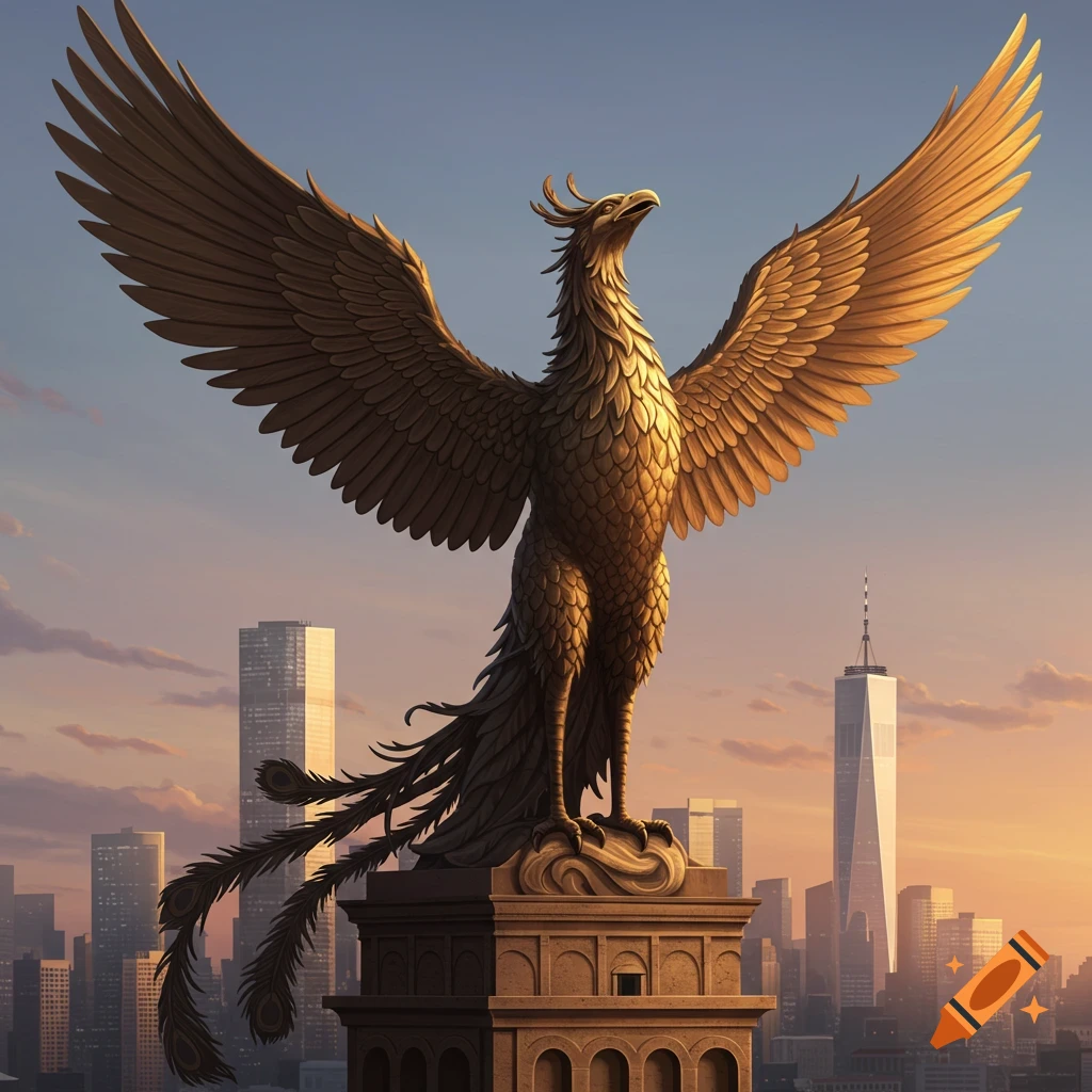 Golden phoenix statue on a building overlooking a city skyline at sunrise