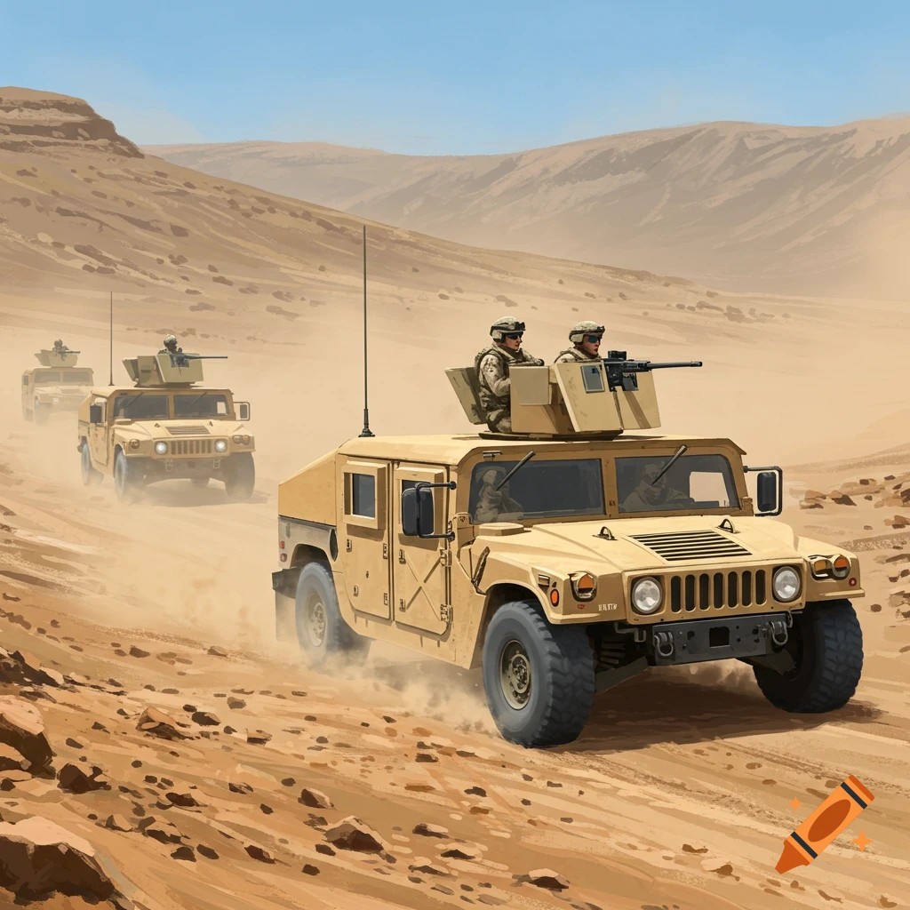 American Humvees patrolling a dusty desert.
