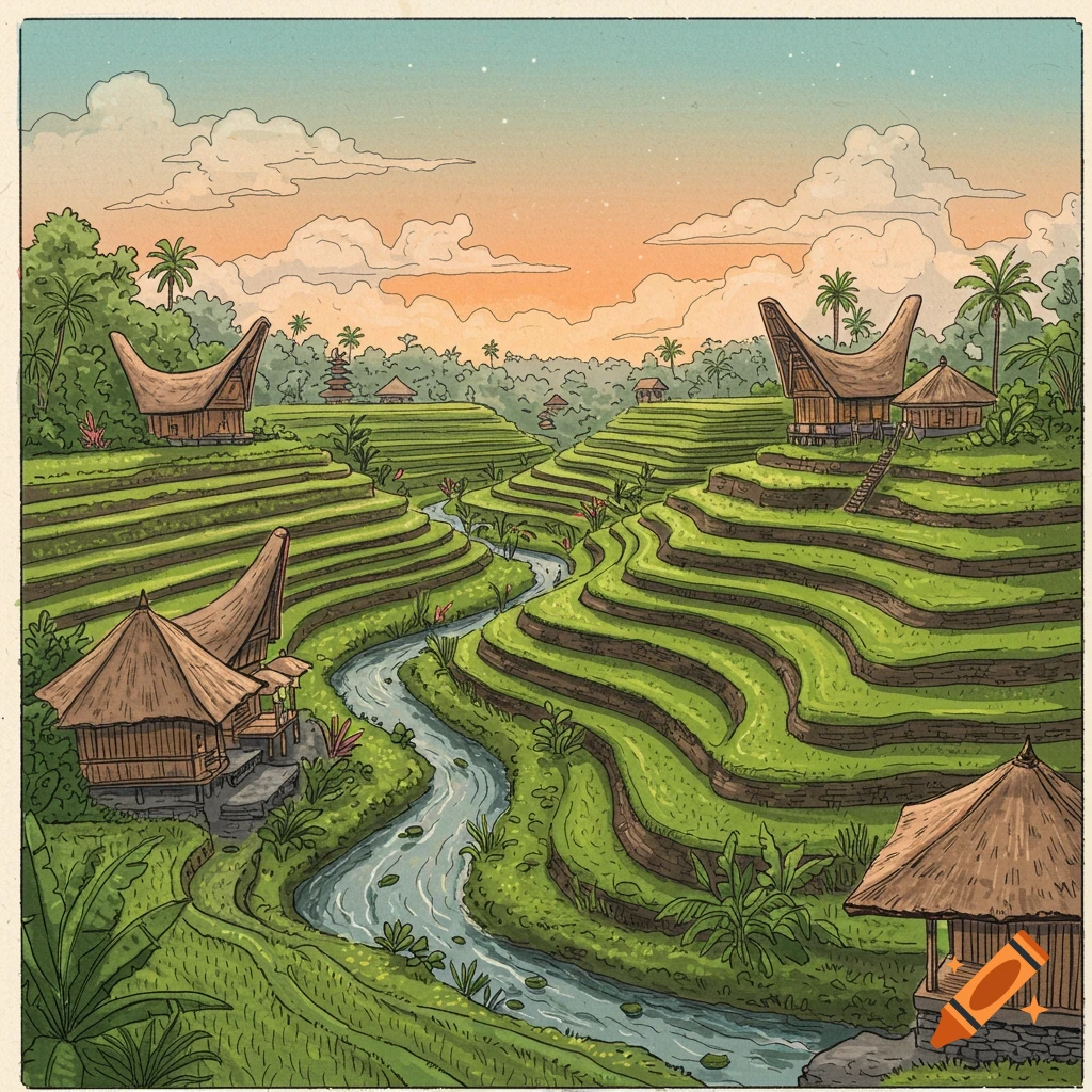 Handdrawn illustration of rice terraces, river, and traditional houses at sunset in Bali.