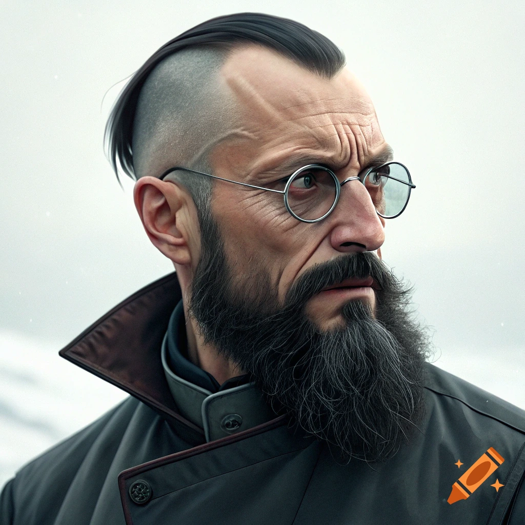 Realistic digital portrait of a man with a beard, glasses, and shaved hair wearing a coat.