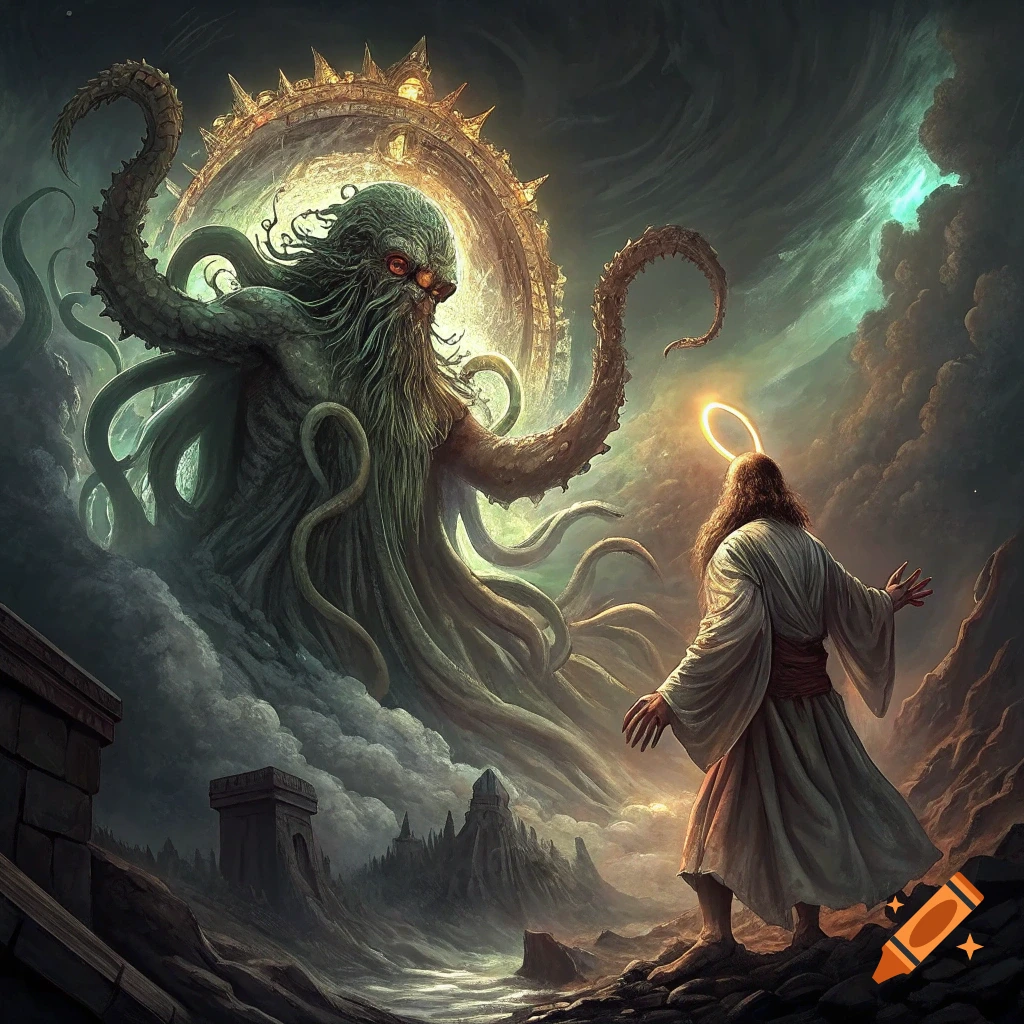 Cthulhu battling Jesus in a dramatic, cloudy fantasy landscape