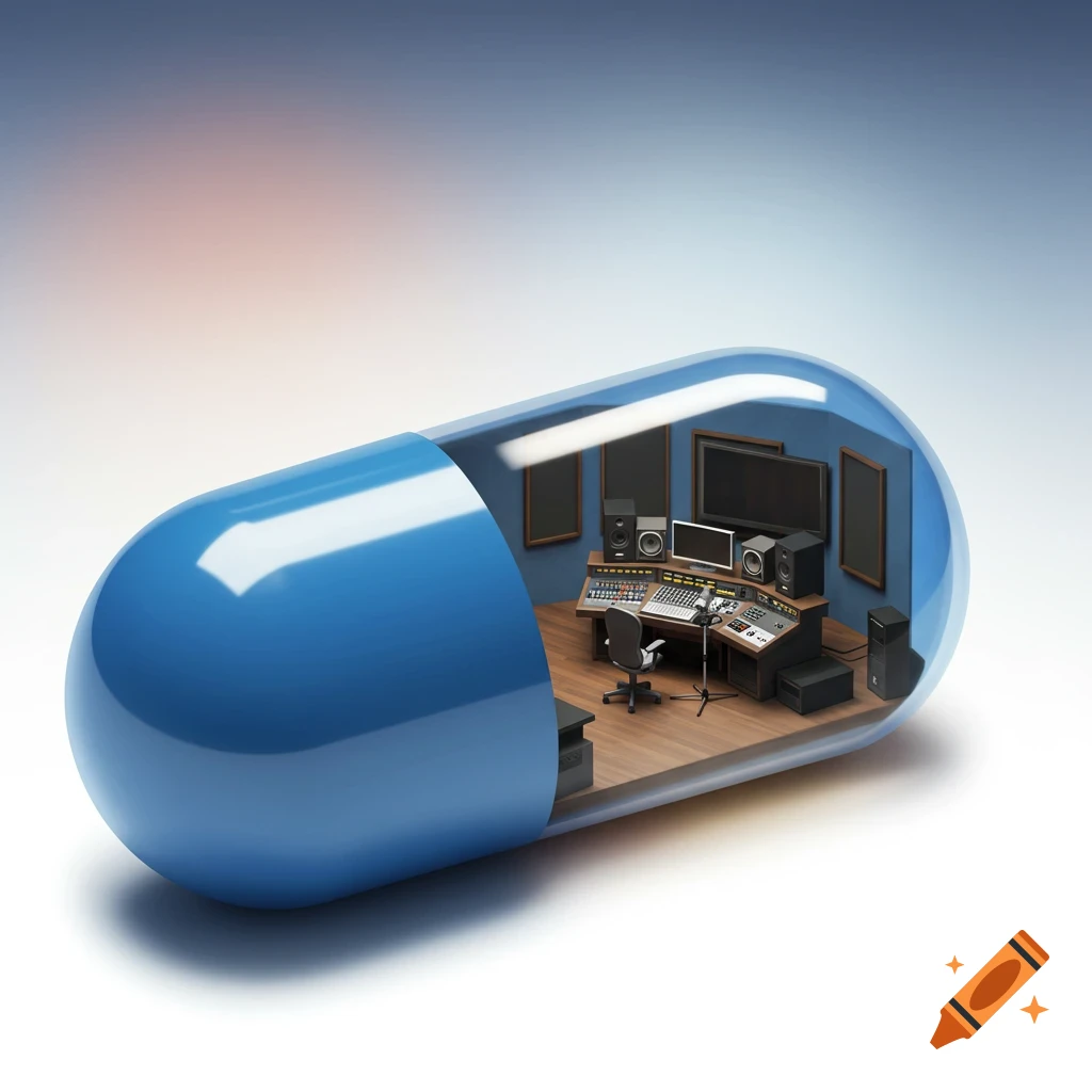 A blue medicine capsule with a recording studio inside.