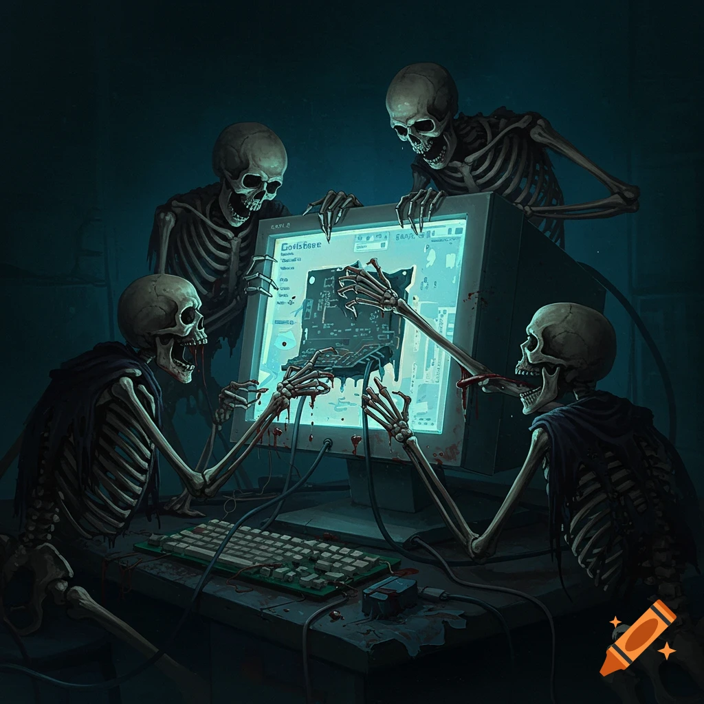 Four skeletons gathered around a desktop computer, interacting with and eating from the screen.
