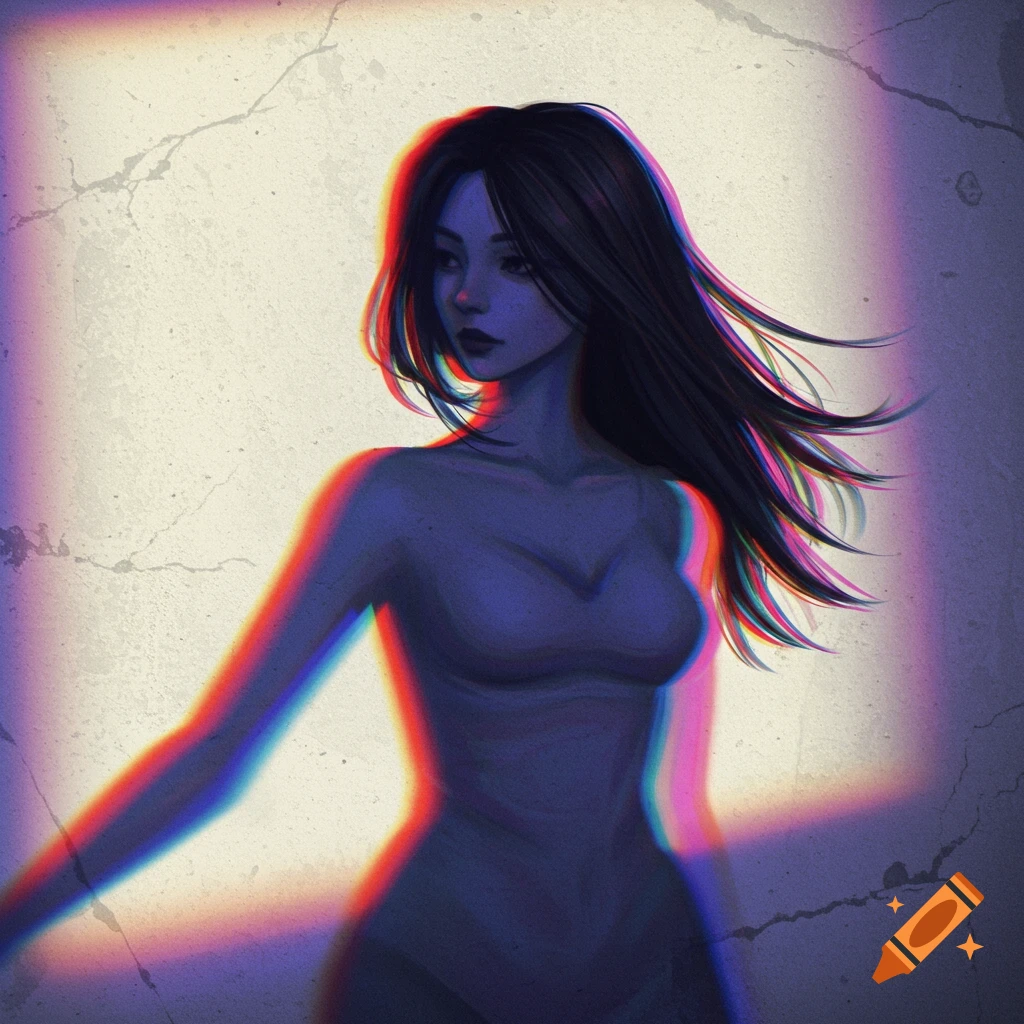 Female figure with chromatic aberration against a wall.