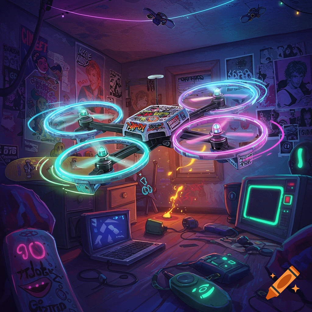 a drone flying in a messy room filled with neon light, posters, a laptop, and gaming gear.