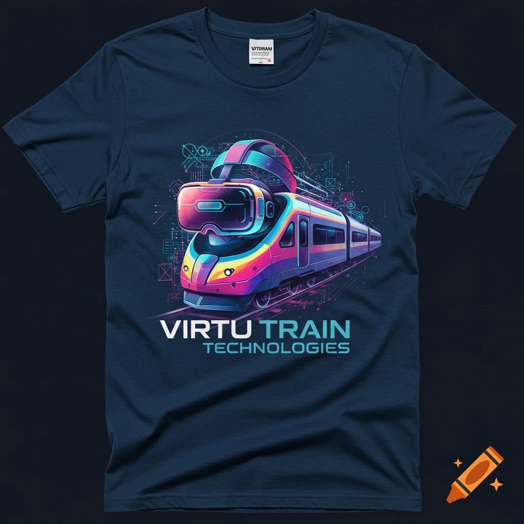 A navy blue t-shirt featuring a colorful digital illustration of a futuristic train wearing VR goggles, surrounded by abstract tech lines, with the text "VIRTU TRAIN TECHNOLOGIES" below.