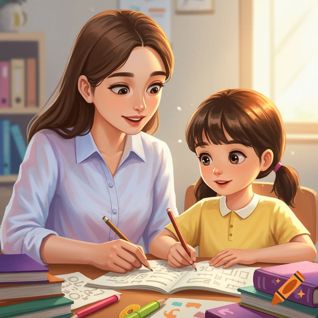 A teacher is helping a young student write in a notebook at a desk.