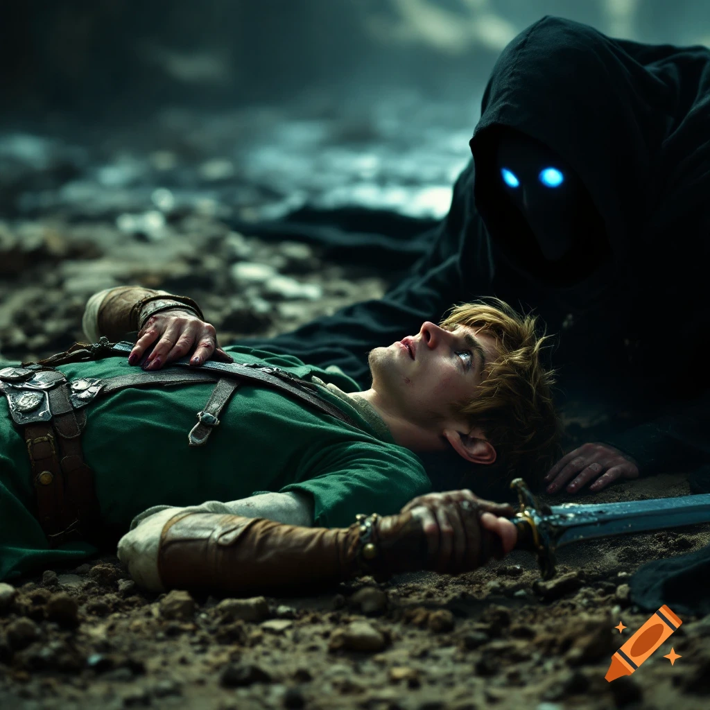A young man in green tunic lies injured on the ground, gazing up at a dark cloaked figure with glowing blue eyes in a cinematic, photorealistic scene.