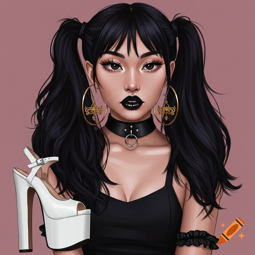 A woman with black pigtails, black lipstick, choker, large earrings, holding a white platform heel.