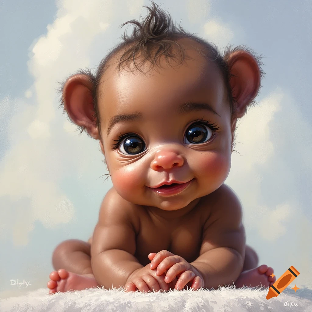 A cute, stylized baby with large eyes and ears smiles while lying down.