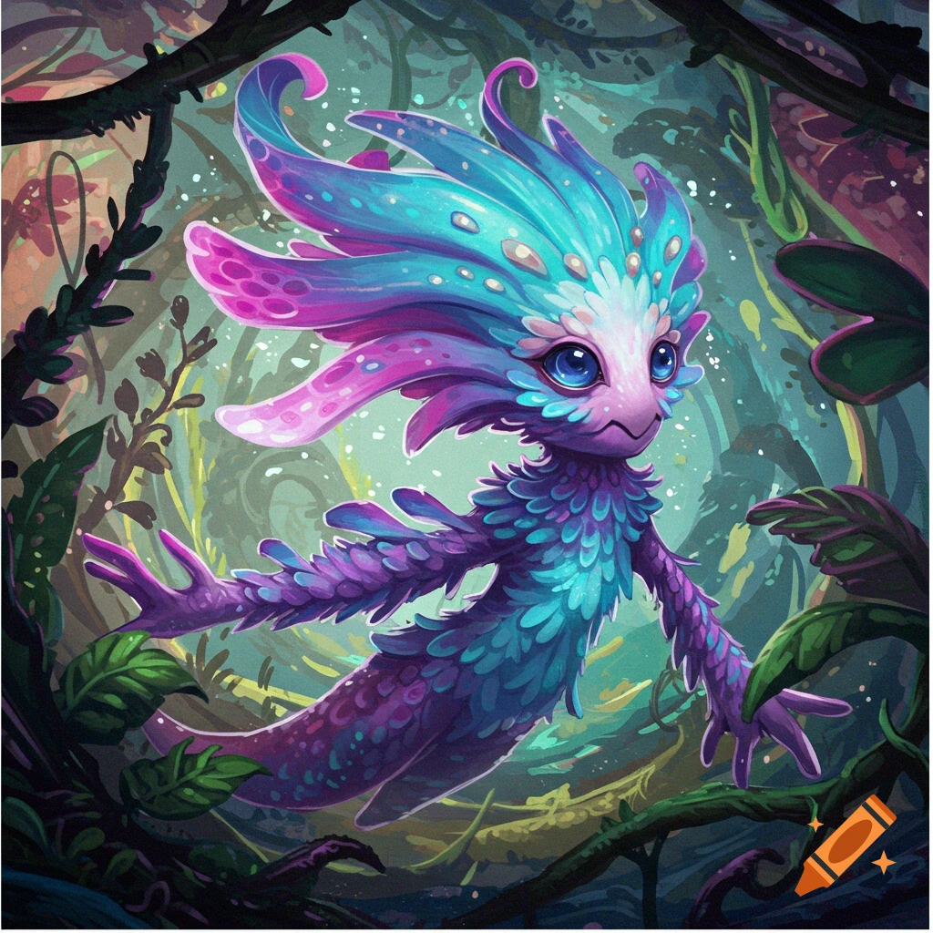 A colorful fantasy creature with large eyes and feathers in a forest.