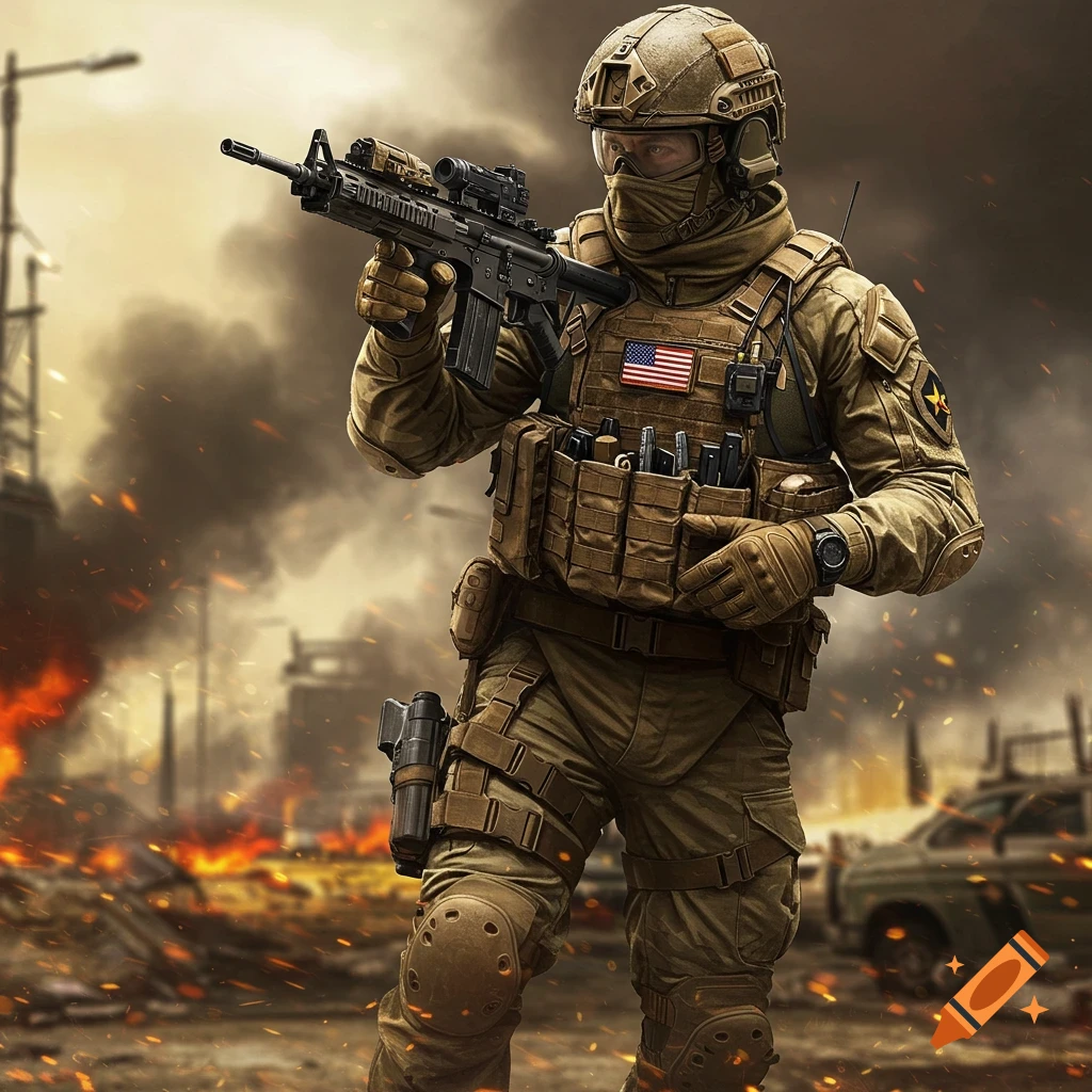 An armed special forces operator wearing tactical gear is holding a rifle in a warzone.