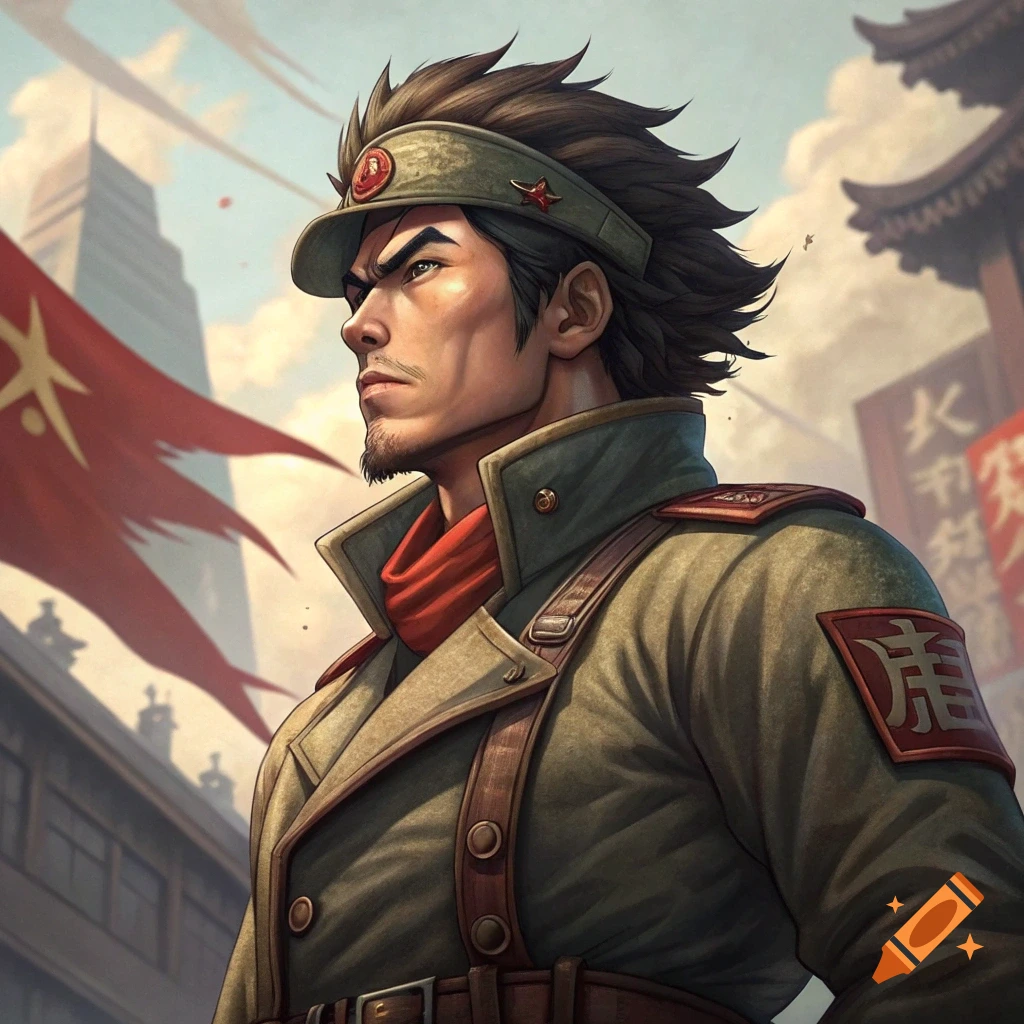 Stylized illustration of a man in military uniform with banners and buildings in the background.