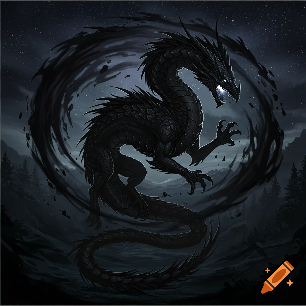 A black dragon is surrounded by swirling shadows in a dark, star-lit forest landscape.